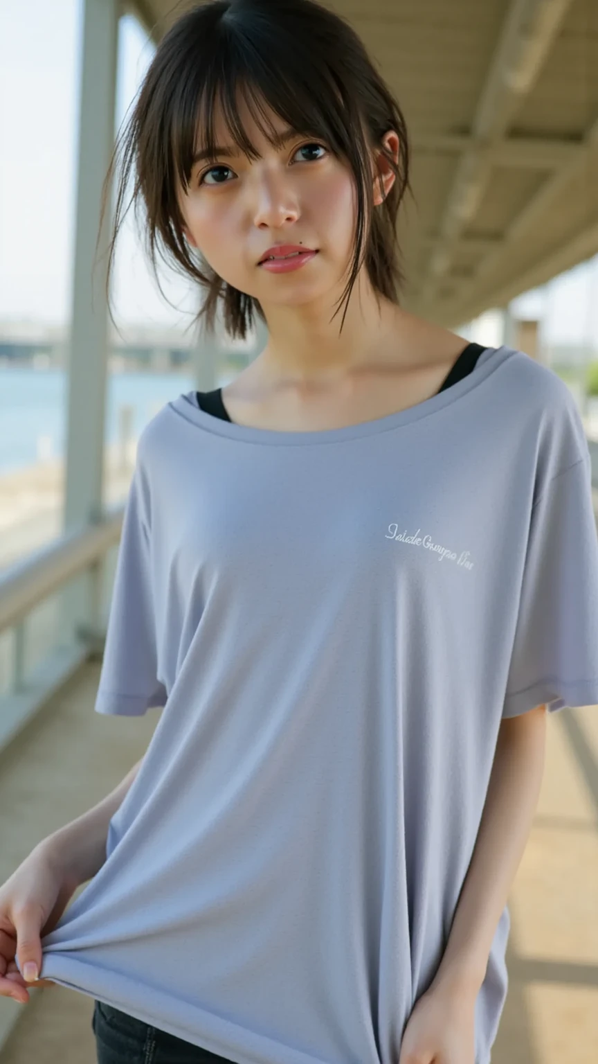 Arafed woman with long loose white t-shirt, short sleeve t-shirt, round neck t-shirt leaning against a wall, 22 year old girl, shaped body, good gym, oversized jogging pants, lean against the wall, alley, (graffiti on the wall), hip hop, smiling, hands in pockets, perfectly symmetrical face, detailed skin, vivid colors, HdR, hard shadows, artistic photography, soft focus, masterpiece, Amazing, atmospheric perspective, diffusion, pore correlation, skin imperfections, 80mm Sigma f2, depth of field, intricate natural lighting Ana de Armas loose-fitting long white t-shirt, short sleeve t-shirt, round neck t-shirt and tight pants