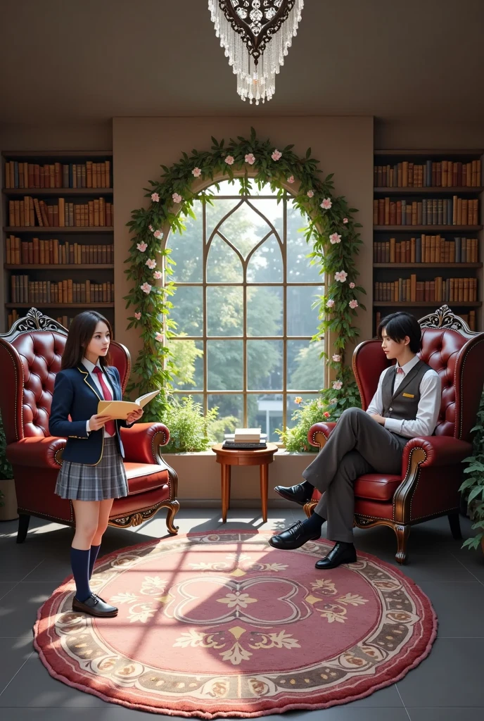 {Ｘ}Is standing sitting on a chair{Ｙ}staring at each other,{X}is standing gracefully on a chair、,blazer and gray pants with a dark gold crest、Best、wearing a school uniform and leather shoes with a Bordeaux tie,taller than women{Ｙ}is a woman with brown hair, smooth bob hair、The outfit is a dark blue blazer with gold embroidery and a red tie、wearing a school uniform with a gray check skirt and dark blue socks and leather shoes,The background is an academic library with huge bookshelves lined up、A large number of old books arranged in an orderly manner,Soft light shining through a high ceiling,Bookcase full of wood texture,A space where you can feel history realistically depicted in every detail,Delicate and exquisite texture,realistic expression,4K High Quality,physics-based rendering of a woman holding a horse's ,ultra-detailed depiction,Professional,Vivid Colors,bokeh