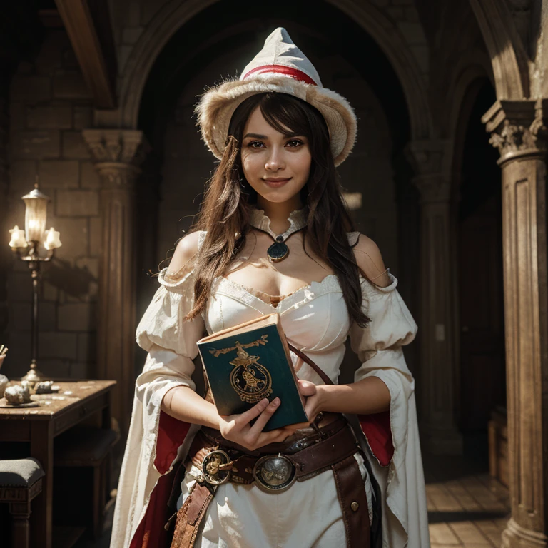 a cute female Hawk, pretty female Hawk, dressed in white and red wizard armor and wearing a wizard hat, one hand holding a wizard book and the other hand is holding her monocle, smiling face, In fantasy art style, masterpiece,  best quality , Super Detail, an epic, 4K, cinematic light, ultra-detailed,  8k resolution ,(high quality, 8k, 4K, high contrast, masterpiece: 1.2, 最high quality, best aesthetic),quality:(highest quality, 4K, High resolution, masterpiece:1.2), Super detailed, ( fantasy art ,oil:1.5), High quality artwork, delicate brushstrokes, medieval castle background, ratio 1:1