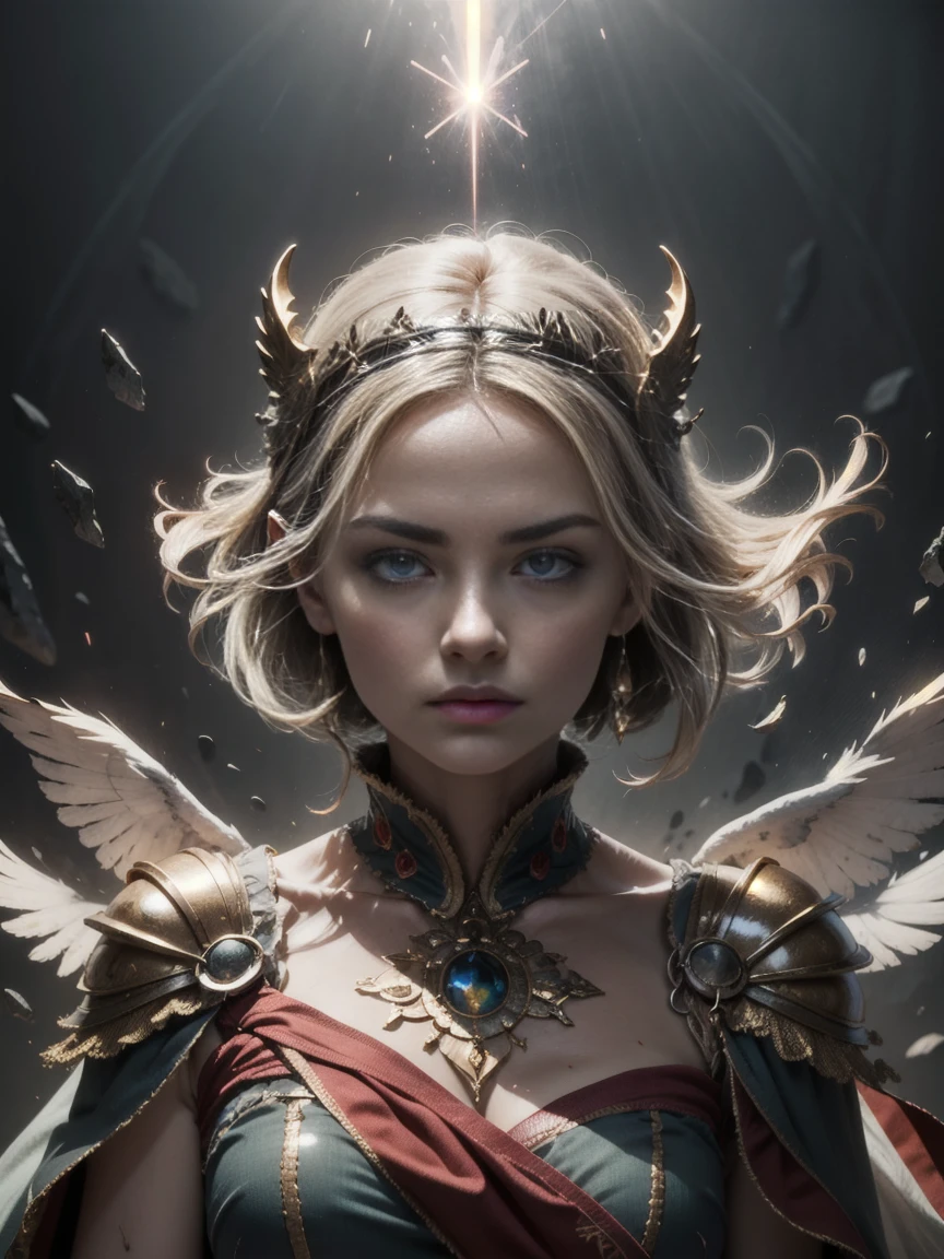 bust-up shot, divine female warrior goddess inspired by Roman mythology, powerful expression, wearing ornate celestial armor with golden engravings, glowing red cape draped over her shoulder, radiant Roman helmet with halo-like crest, glowing eyes, magical aura surrounding her head, floating ethereal feathers, backlight effect, dramatic magical particles, digital painting, mythological fantasy style, cinematic focus, golden and crimson color scheme, ultra-detailed face, HDR, RAW, 8k, masterpiece, beautiful composition


