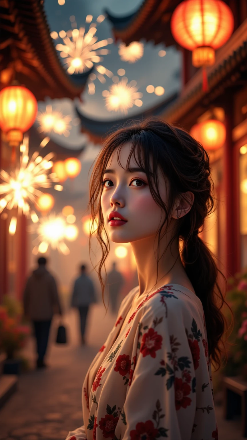 Classical Asian Architecture, Woman Watching a Festival Scene with Firecrackers Exploding Under the Eaves, detailed facial expression, natural posture, Festive atmosphere, colorful colors,  old-fashioned vibe , Beautiful Scenery, warm lighting, Traditional Style Artistic Treatment, High Definition Realistic Oil Painting, Excellent detail, HDR,UHD,Professional Exquisite Expression,vibrant colors,Deep perspective