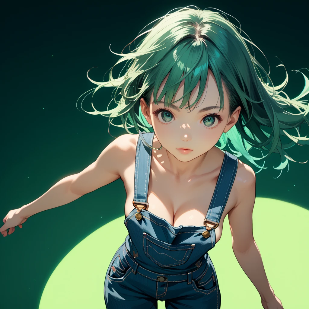 amazing quality, newest, absurdres, realistic lighting,
Cowboy shot, Dynamic angle,1girl, solo,  cool beauty,
Teal green Hair, long straight hair,
green bikini, overalls, cleavage,
Dynamic pose,
green background,
anime style, detailed face,
