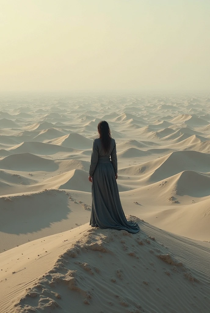 A Roman beautiful sweet girl is begging in the desert with a bowl. The sky is covered with dark clouds. Back view, dark desert sand, plam trees, mosque, low lightning.,Hyper-realistic photography