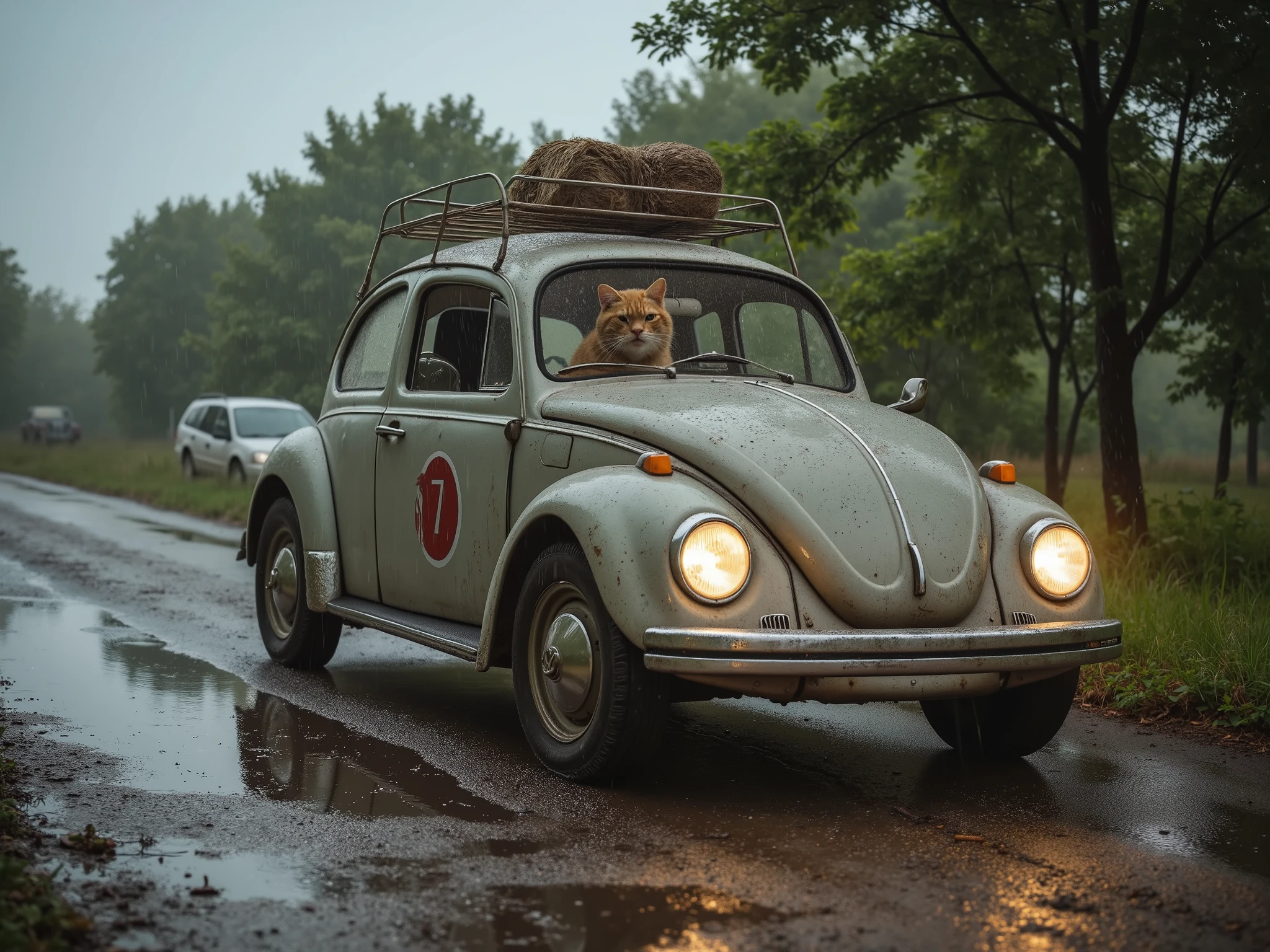 In cinematic 3D style, HD-Bild, Realistic image, colorful picture .
Charakter, Jhonny Ager orange cat wears a gray, very dirty T-shirt and a very dirty red open shirt and blue half jeans.
Aktion,Johnny Ager Orange Cat drives a very old VW Beetle and the VW Beetle moves very fast. It rains very heavily and a lot of rainwater falls on the roof of the van. lightning twitching on a broken road.