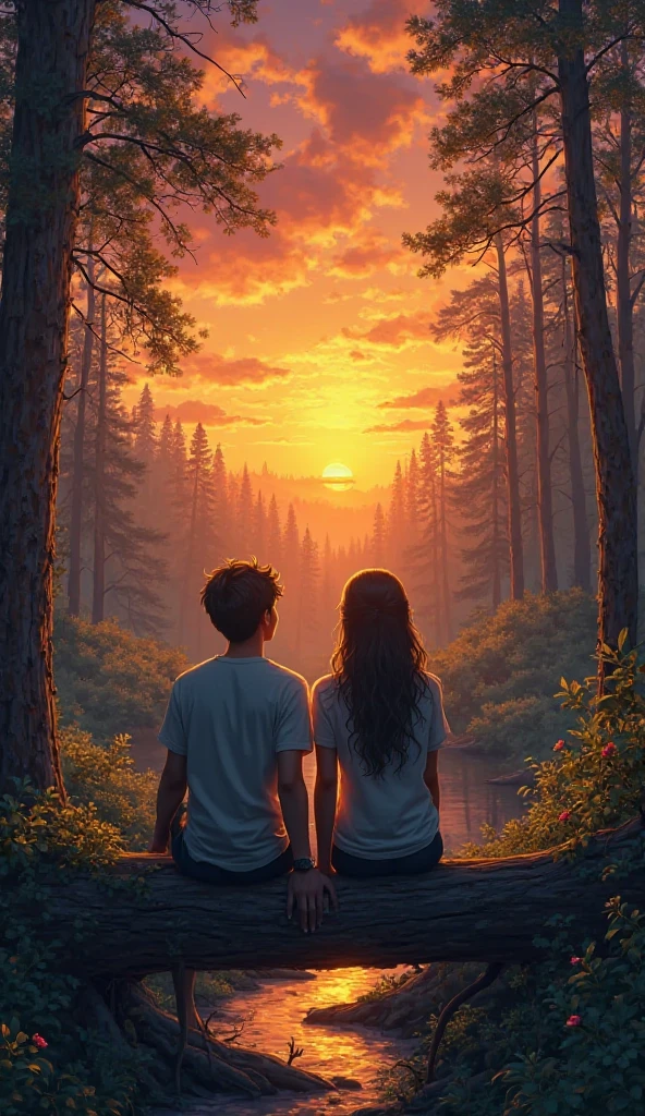 2. The two friends watching the sunset in the forest.