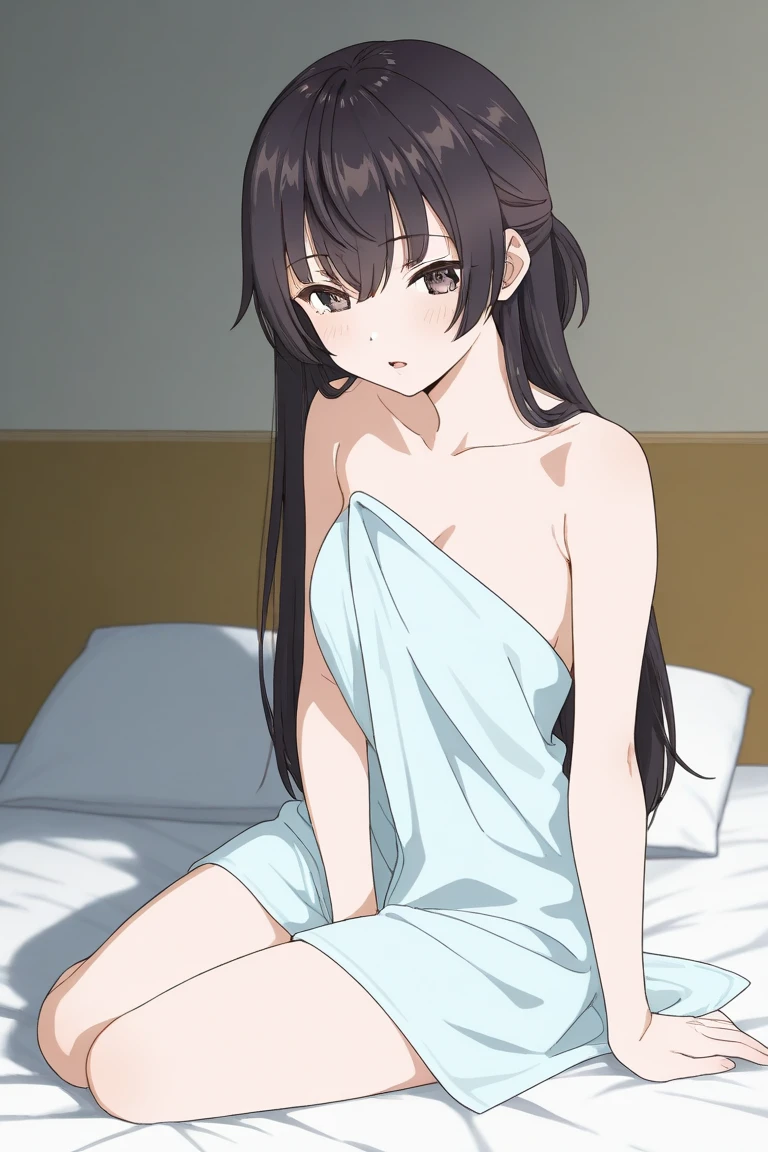 masterpiece:1.6, best quality), finely detailed beautiful eyes: 1.2), colorful, 1girl, bangs, black hair, long hair, blush brown eyes, mide, medium breast, pink nipples, indoors, sit, sitting on bed , bed,bedroom, lamp, cowboy shot,