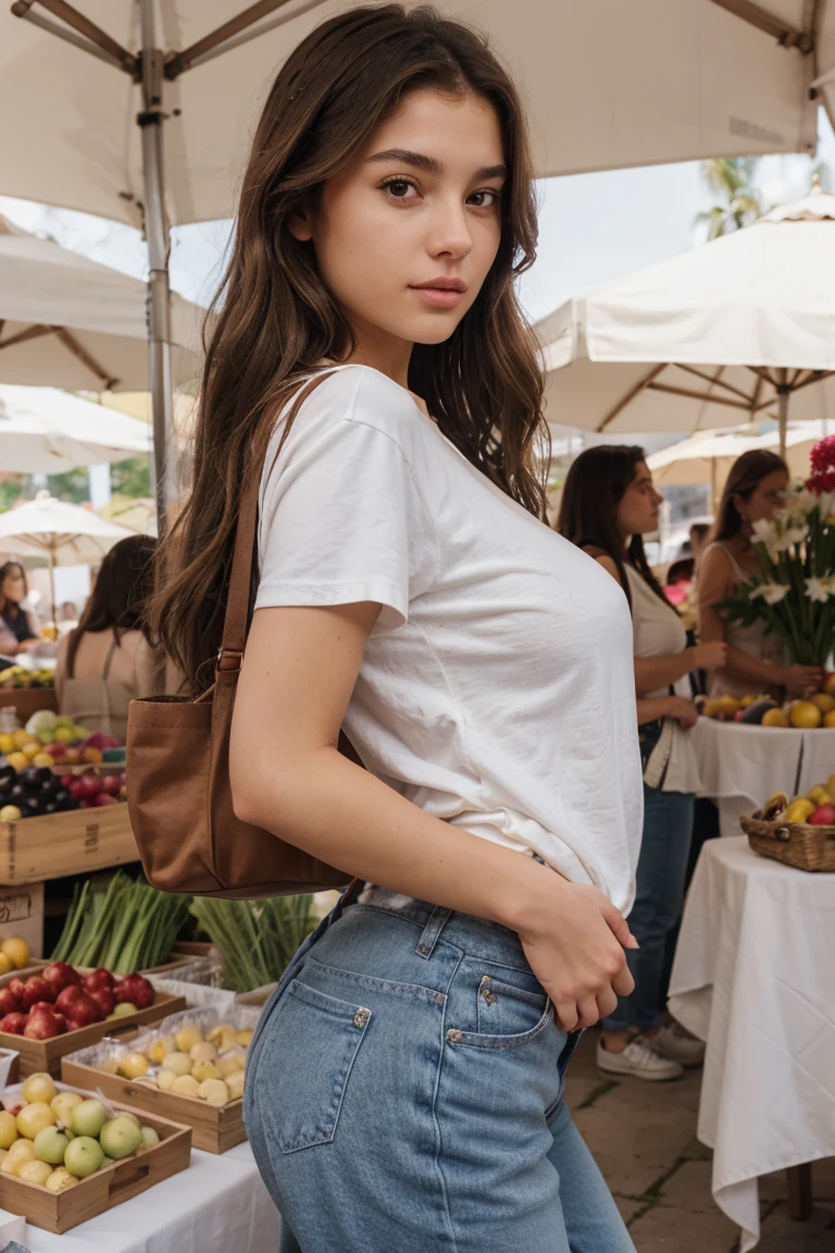 (masterpiece, best quality, highres, high resolution:1.2), extremely detailed, realistic, intricate details, seductive pose, eye-level shot, Jessica Alba, beautiful 21 year old woman, , Latina with natural big breasts, wearing tight jeans and a tight white tee shirt, hair in ponytail, holding tote bag, in farmer's market, from behind