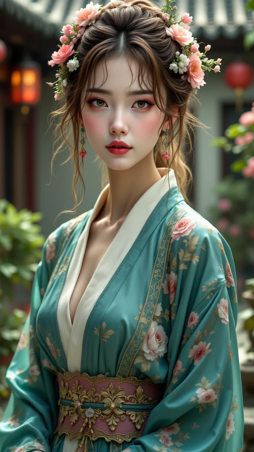 Beautiful woman wearing elegant garments of celestial fairies landing in the courtyard of a classical Asian building, detailed  features, Noble posture and expression, mysterious atmosphere, Old-fashioned garden background, Colorful colors and soft lighting, exquisite detail, Masterpiece, super high resolution, Realistic oil painting