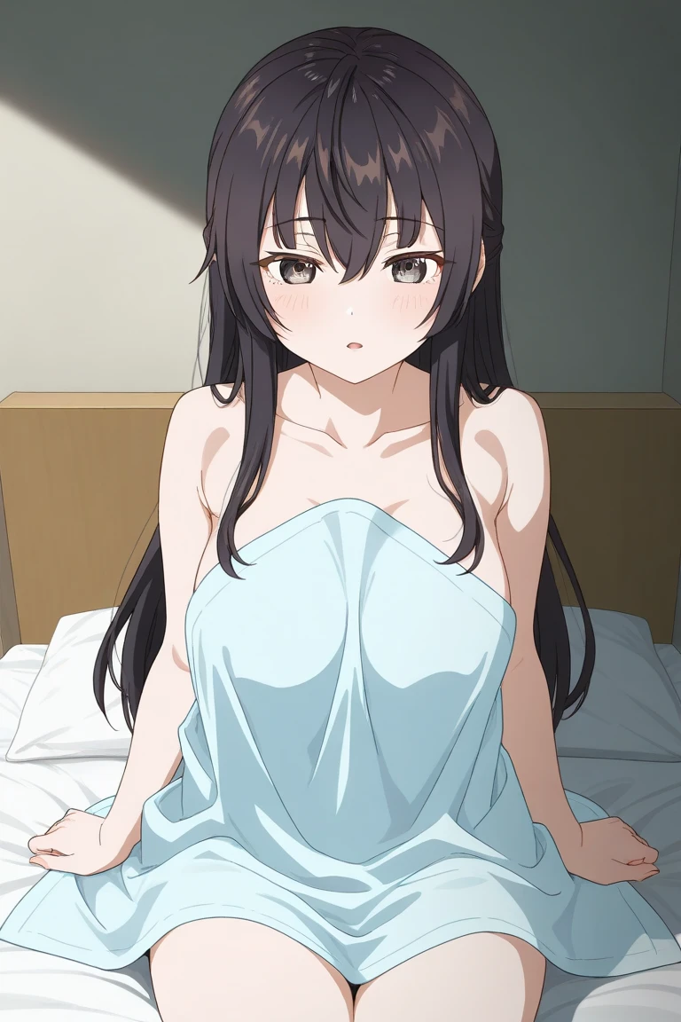 masterpiece:1.6, best quality), finely detailed beautiful eyes: 1.2), colorful, 1girl, bangs, black hair, long hair, blush brown eyes, medium breast, pink nipples,nude, indoors, sit, sitting on bed , bed,bedroom, lamp, cowboy shot,
