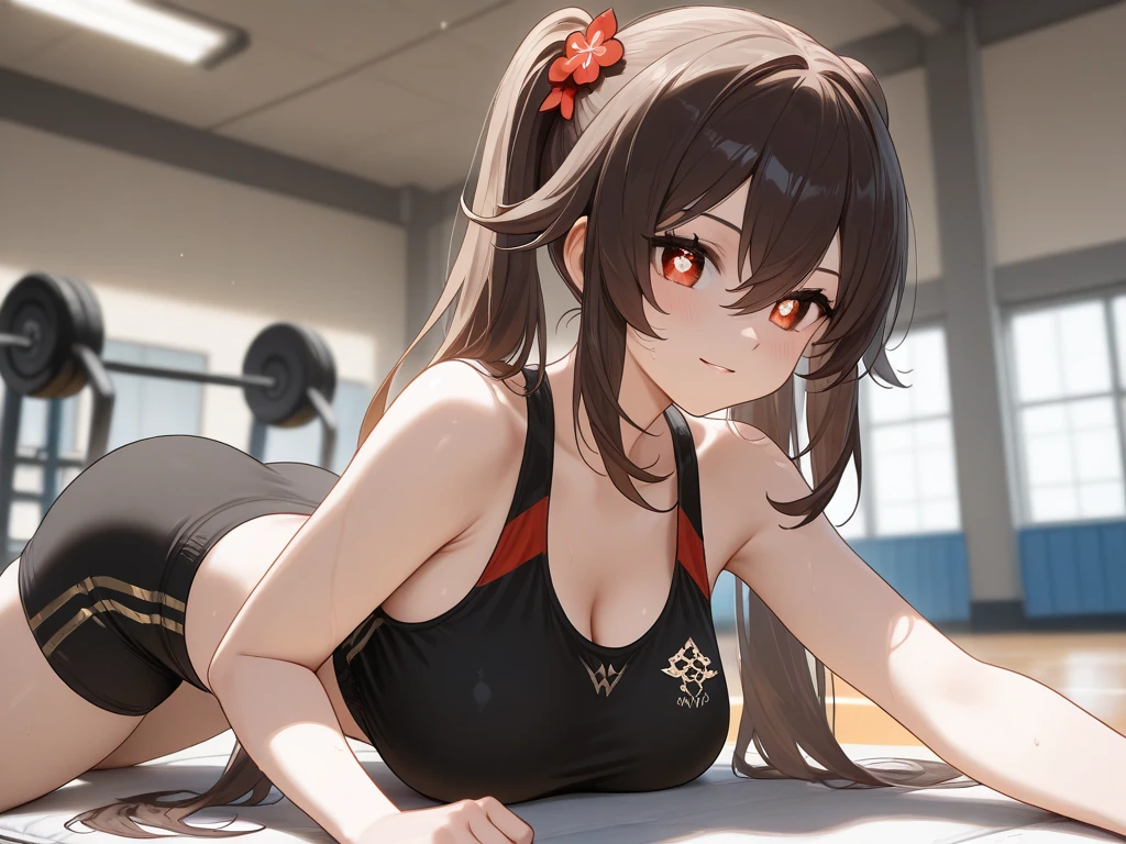 yunyun, black hair, hair ornament, red eyes, bow, braid, crown braid, large breast, sport bra, shorts, on the gym, seductive smile, ear blush, full blush, naughty