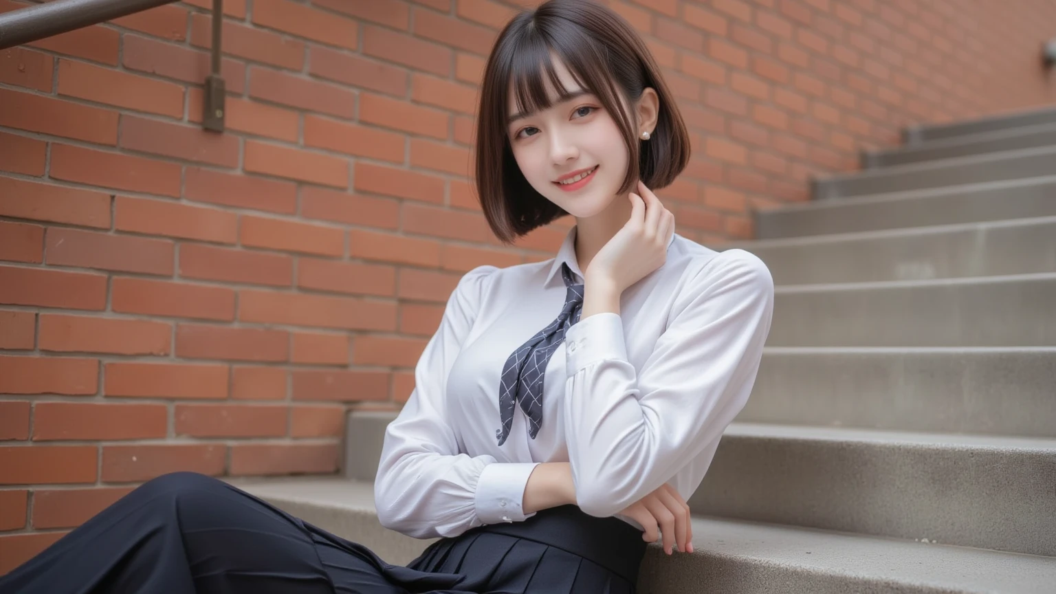 ((top-quality、8K、​masterpiece:1.3))、女の子1人、A detailed eye、、straight flat chest、tiny chest、small tits、neat college girl、short-hair、Straight bob hair、Shorthair with bangs、A smile、Schoolgirl Uniform、Panties are not visible、a 20 yo woman、Sheer white shirt、、Dark blue pleated micro mini、Sexy、Peek at the viewer、Beautiful graphics、Bright school building with strong sunlight、Show me your whole body、sitted、Crouching、Plump panties、White Sox、White silk panties from the skirt are always not visible