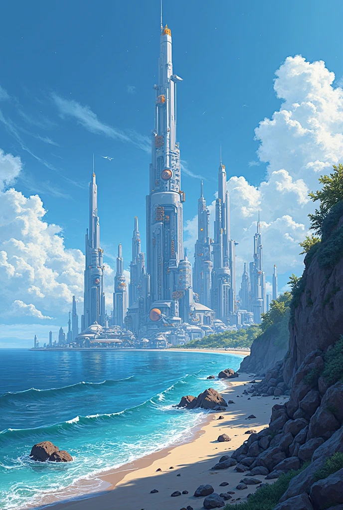 Generate the cover of a manga that reads: “Echoes of the First Civilization Chapter 1: A redesigned future” and has a coastline with a technological city on the horizon on the sea