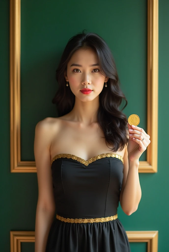 A portrait taken from a portrait camera angle of a young Chinese woman holding a gold coin against a green and gold background. The image also shows a woman standing in the center of the image, wearing a strapless black dress with gold trim. To the right of the woman, she is holding a gold coin in her right hand. The woman has long, wavy black hair and is looking directly at the camera with a neutral expression. She has brown eyes and is wearing red lipstick. Her body is slender and her shoulders are bare. She is standing in front of a green wall with gold trim, and the lighting is soft and natural, creating a warm and inviting atmosphere. The overall atmosphere is elegant and sophisticated.
