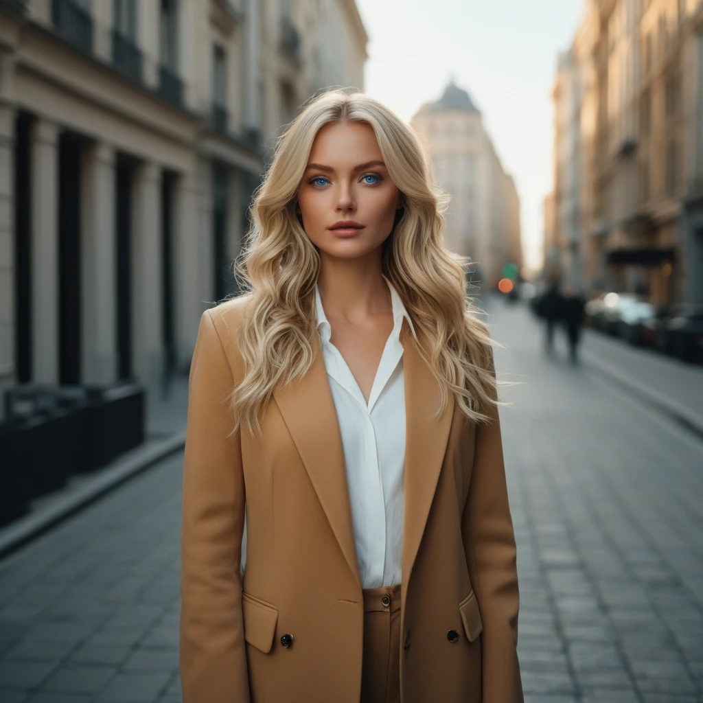 a blonde woman with blue eyes, standing confidently on a stylish urban street, elegant fashionable clothing, long wavy hair, sharp  features, street style fashion, full body photo, hyperdetailed photography, cinematic, movie still, skin details, realistic lighting, realistic proportions, sharp focus background, architecture photography, natural light, 35mm photograph, film, professional, 4k, highly detailed, Golden hour lighting.  Depth of field F2. Rule of Thirds Composition.