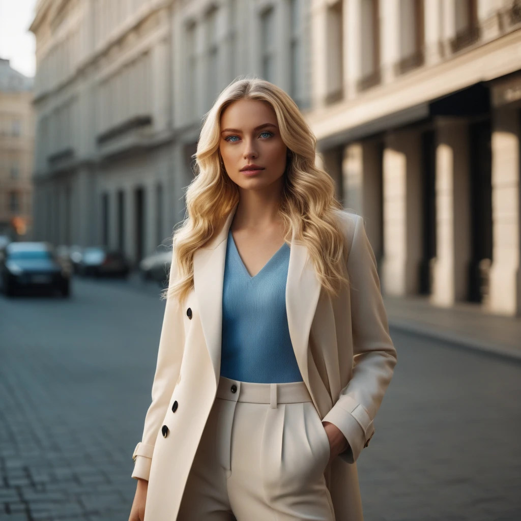 a blonde woman with blue eyes, standing confidently on a stylish urban street, elegant fashionable clothing, long wavy hair, sharp  features, street style fashion, full body photo, hyperdetailed photography, cinematic, movie still, skin details, realistic lighting, realistic proportions, sharp focus background, architecture photography, natural light, 35mm photograph, film, professional, 4k, highly detailed, Golden hour lighting.  Depth of field F2. Rule of Thirds Composition.