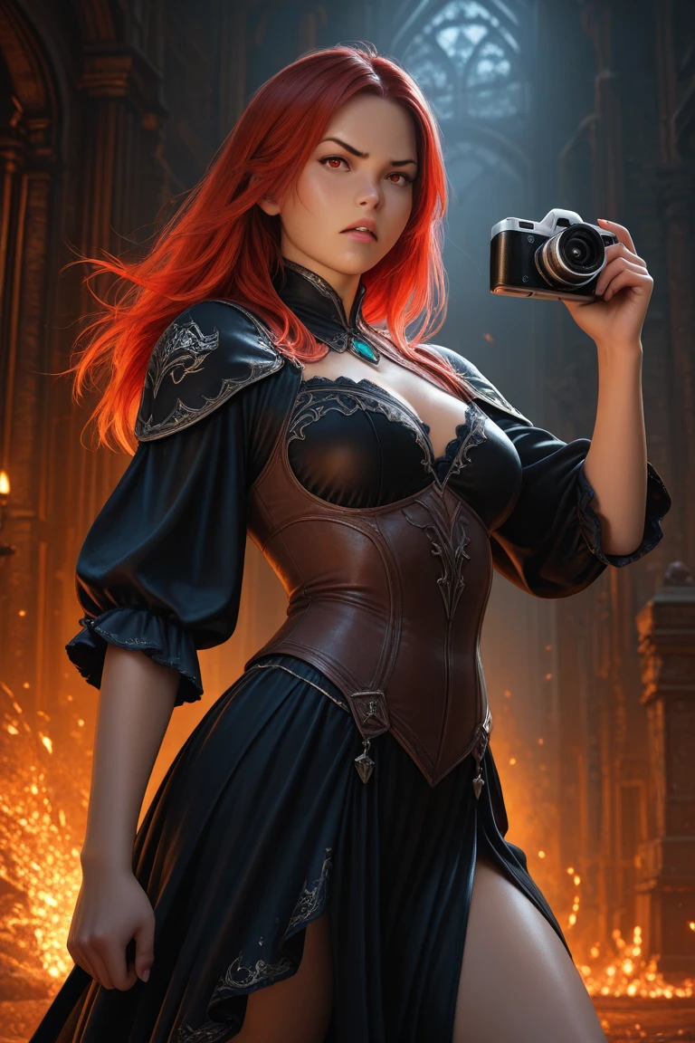 red haired girl,holding black penis,looking at camera,breasts showing,photorealistic,4k,high quality,professional,detailed face,intense expression,dramatic pose,intricate details,complex background,vivid colors,cinematic lighting,digital art,concept art,dark fantasy