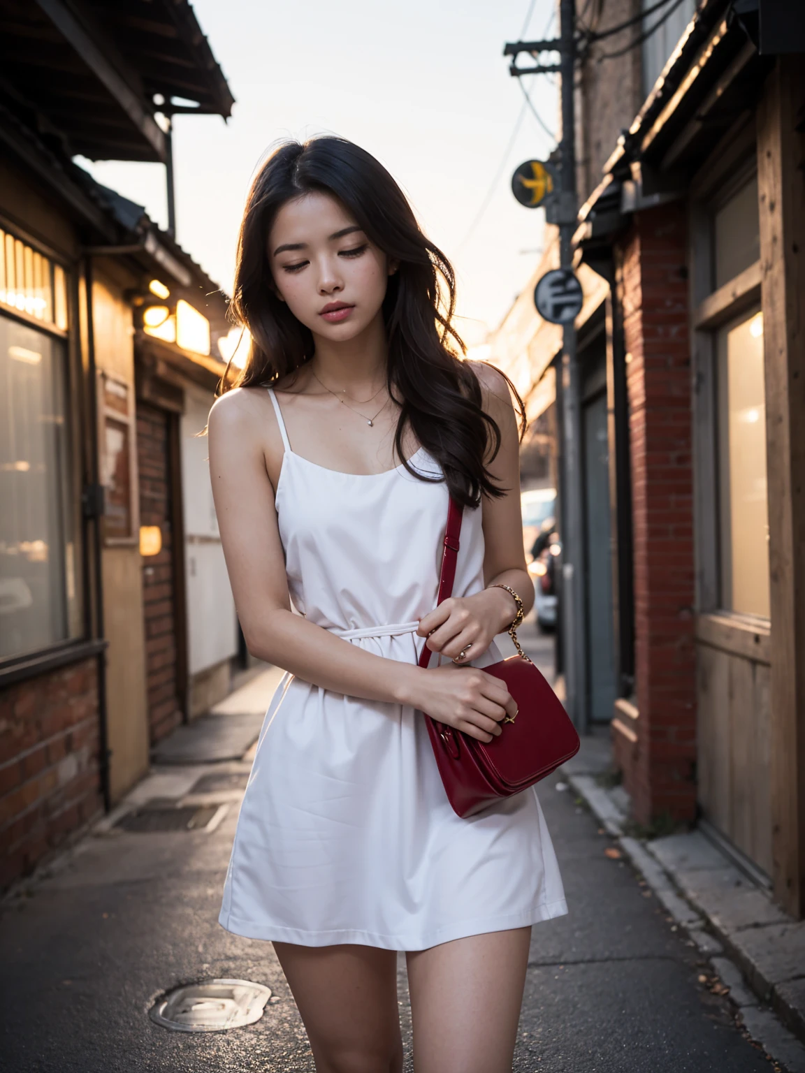 Draw blonde-haired Asian woman wearing a white dress, this woman is wearing a red dress. And he's lying on the ground, He has a bullet wound in his chest.