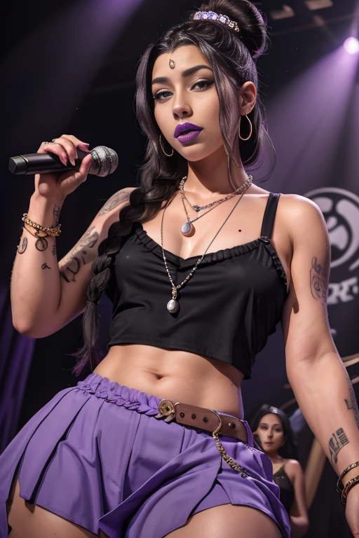 Lulu FFX, amy Winehouse outfit and haircut, hair ornament, hair stick, black hair, single hair bun, multiple braids, jewelry, purple bead necklace, pearl necklace, mole under mouth, eyeshadow, purple lips, singing in front of a perfect microphone