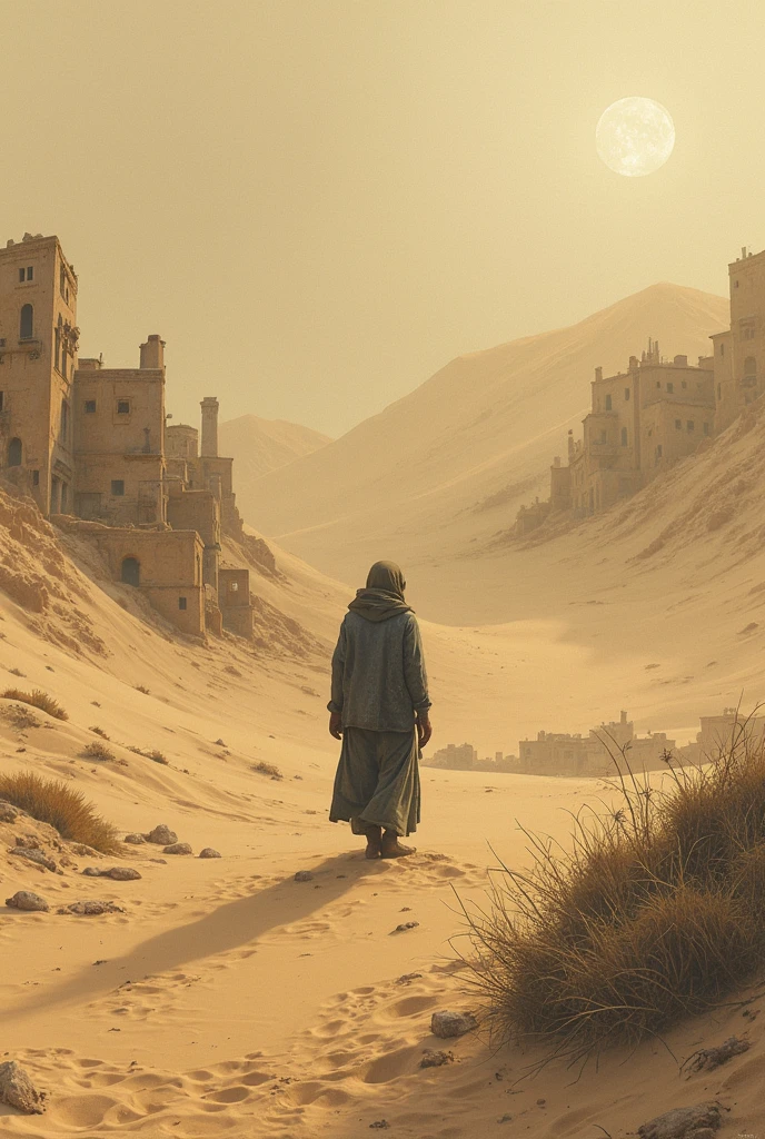 create an image that represents the novel “woman of the sands” by Kobo Abe add to the picture both the main character and the sand-covered village