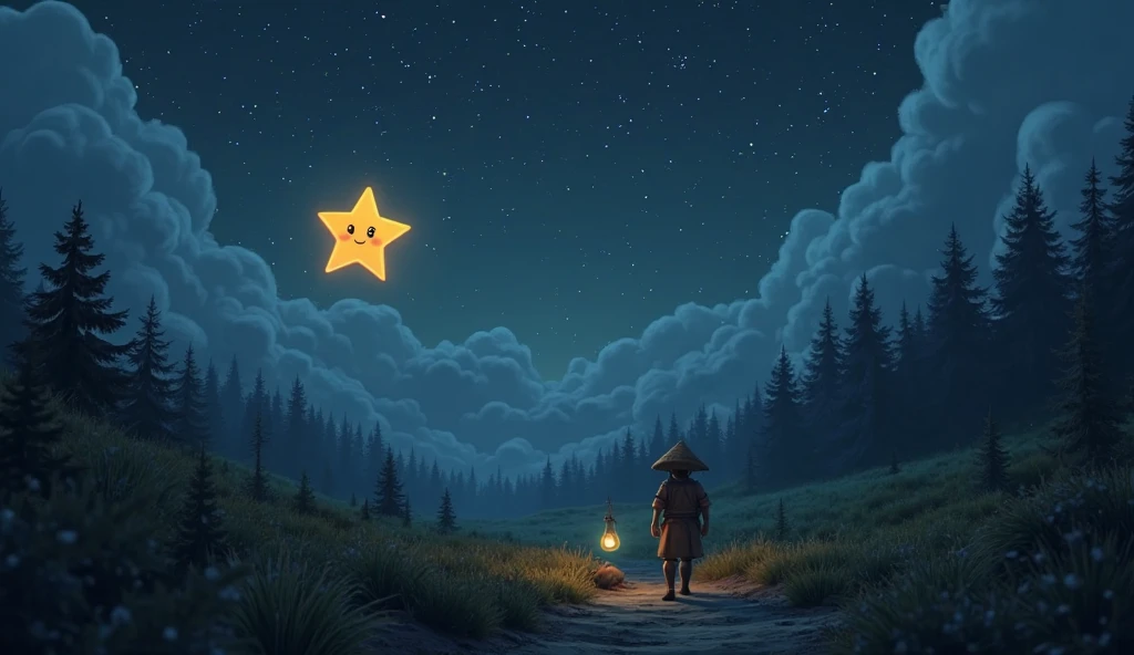 Age: Depicted as a young star, equivalent to a human  around 6-.​
Appearance: A small, radiant star with a soft, golden glow. She has expressive, twinkling eyes and a gentle smile. Her form is slightly rounded, giving her a youthful and approachable appearance.​
Personality Traits: Inquisitive, kind-hearted, and humble. Initially, she feels overshadowed by larger stars but discovers her own significance through her actions.Setting: The same night sky, but clouds begin to gather, gradually obscuring the brighter stars. A dense forest on Earth is visible below, shrouded in darkness.​
Thick clouds roll in, covering the sky and concealing the larger stars. The landscape below is enveloped in darkness. Luna remains visible, her soft glow piercing through the cloud cover. On the forest floor, a traveler moves cautiously along a narrow path, his extinguished lantern in hand. His face shows signs of worry and fatigue as he struggles to find his way. in 3d pixar style