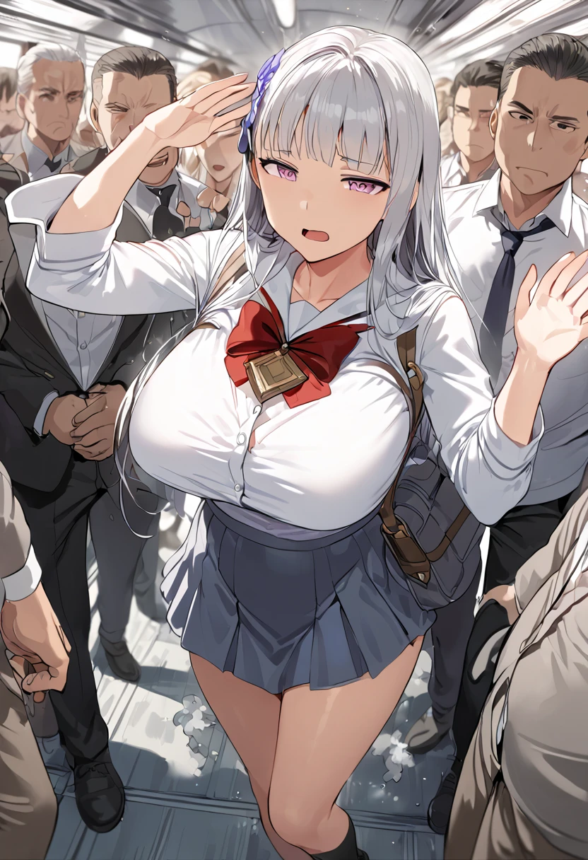 Cute beautiful old grey-hair woman, groped by big fat ugly bastards, fatty armpit, armpit fat, clavicle, big cocks, group sex, cum, sweaty, professional photo, intricate detail, best quality, detailed face, abandoned building, raising armpit, wearing tight unbuttoned shirt, multiple men, collared shirt, sleeveless shirt