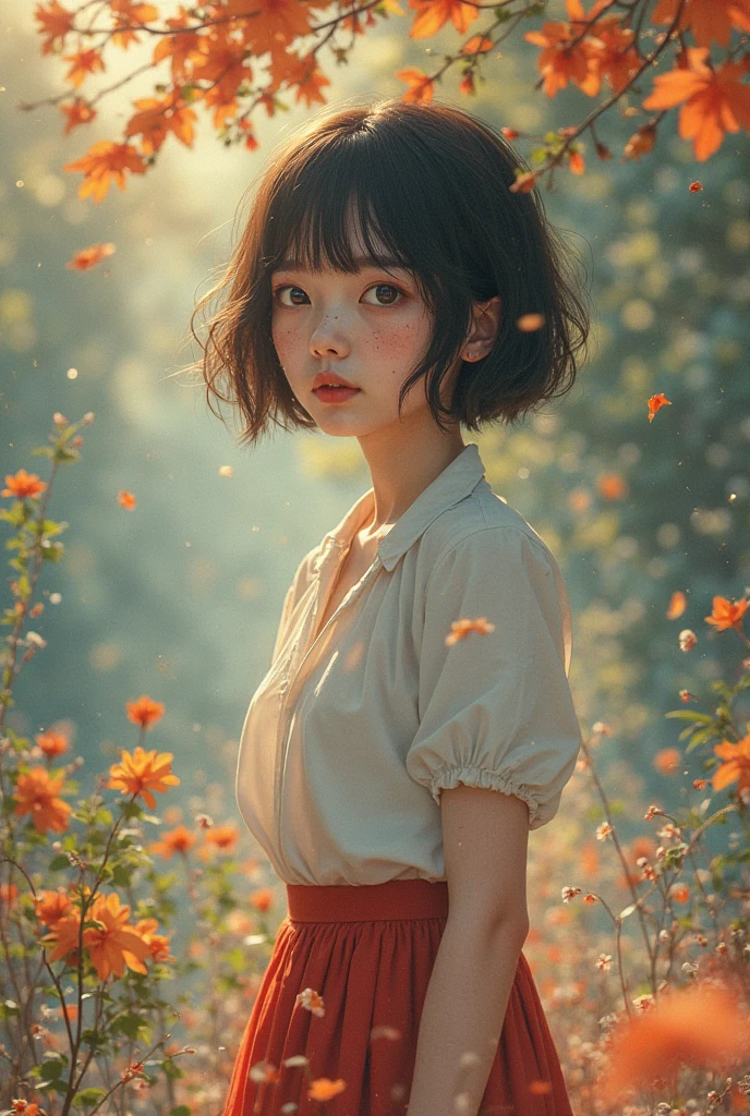 editorial_photography with a 50mm_lens,super_detailed_background,Super_realistic,double_exposure,depth of field,soft_focus bright tone,narrative_scene,Keibun Ota style illustration,freckles,immorality_girl,Very short cropped hairstyle,blunt_bangs,skirt,lady,