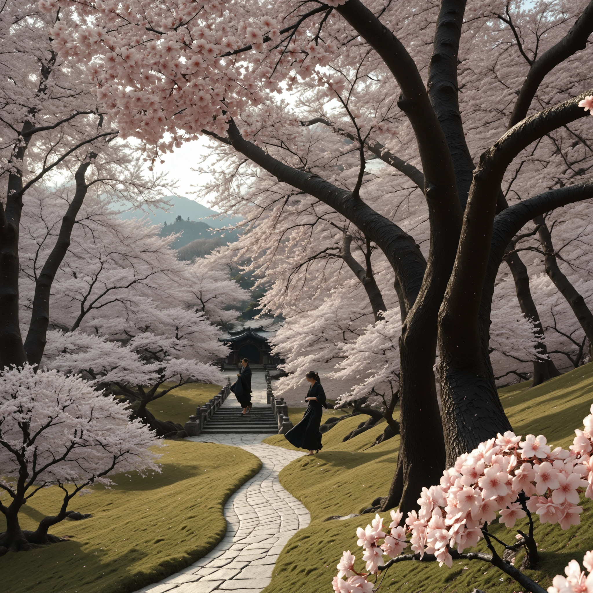 cherry blossoms falling, cherry blossom treesdetailed cherry blossom trees, cherry blossoms falling gently, lush pink petals drifting in the breeze, serene Japanese garden landscape, beautiful spring scenery, soft natural lighting, highly detailed, photorealistic, 8K, professional photography,cinematic, natural colors, realistic lighting, intricate details