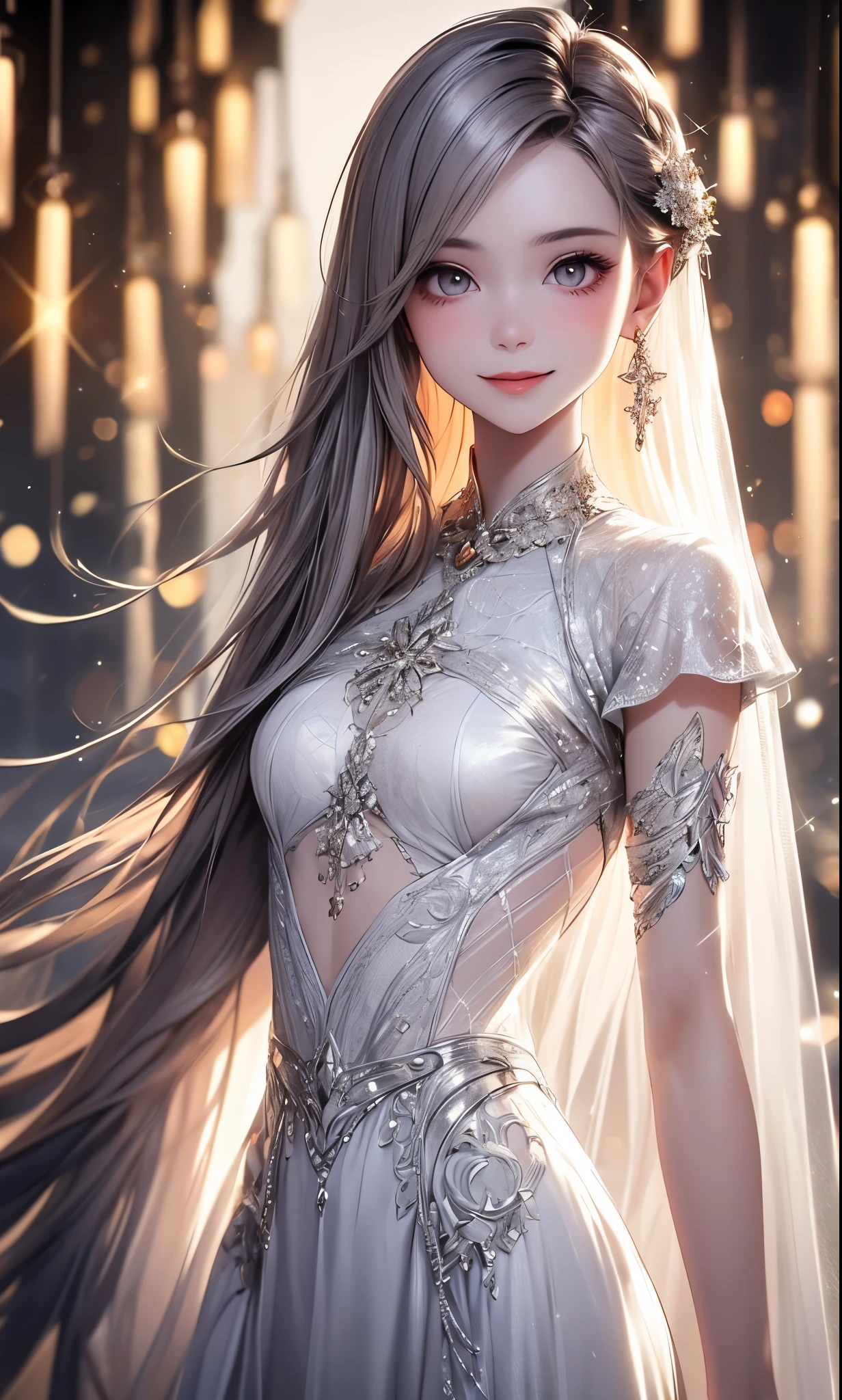 (masterpiece),(4K),High Quality,(small breasts),1 girl, Long Silver Hair ,pale skin,smile, beautifully detailed grey eyes, ( high-definition and elegant ),( white cape let fashion), magical colors and vibes, detailed skin from sleeve to chest,(Cute sparkle), light particles, The background is softly blurry ,Add a dramatic and iconic element to your scene, description boundary ahead of the large end, Bokeh, Silky to the touch , see-through silk, soft, lightweight garment、beautiful and neat face、The chest silhouette can be seen through、 hyper details,creates a dreamy and elegant atmosphere