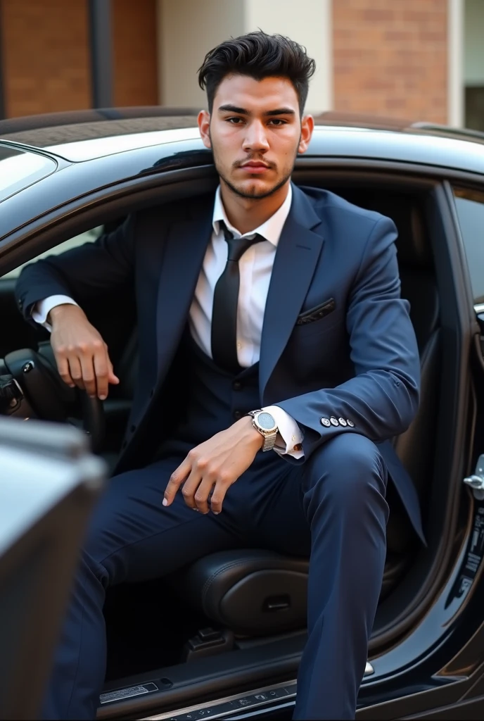 Elegant man sitting in the seat of a supercar, young man, Wearing a suit with the crotch showing his cock draped upwards., Realistic picture, Dark hair, no beard