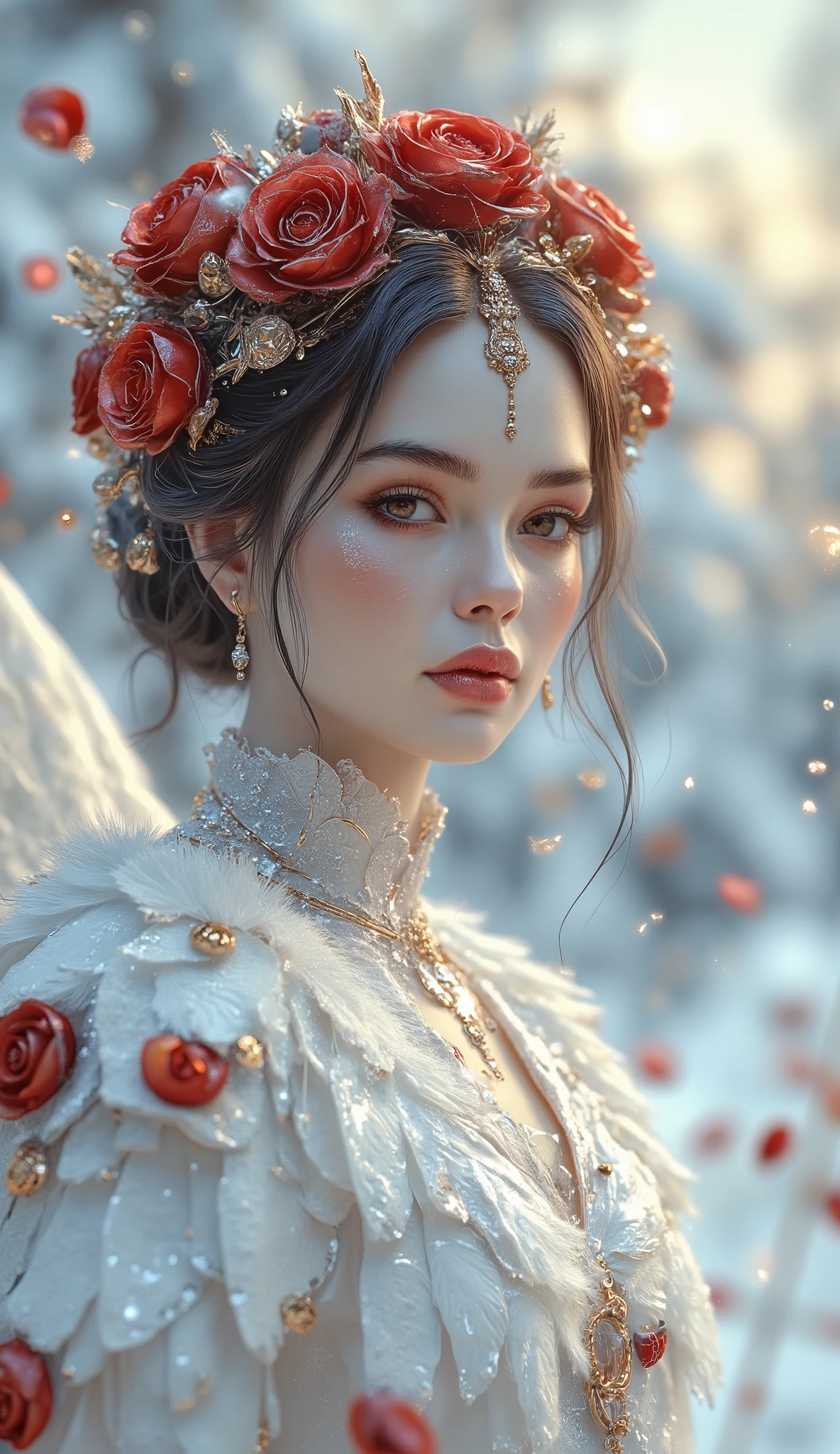 A serene winter landscape scene with a stunning tall bark blood red rose-adorned female figure standing amidst a blanket of pristine snow. Full body shot, from the top of her crown to the snow under the tips of her toes, The red-hued rose petals delicately adorn her hair, wrapping around her face like a crimson crown. Her porcelain skin glows softly under the gentle, diffused light of the snowy surroundings. She stands tall, her figure a striking contrast to the frosty environment, as if she has blossomed into existence right before our eyes.