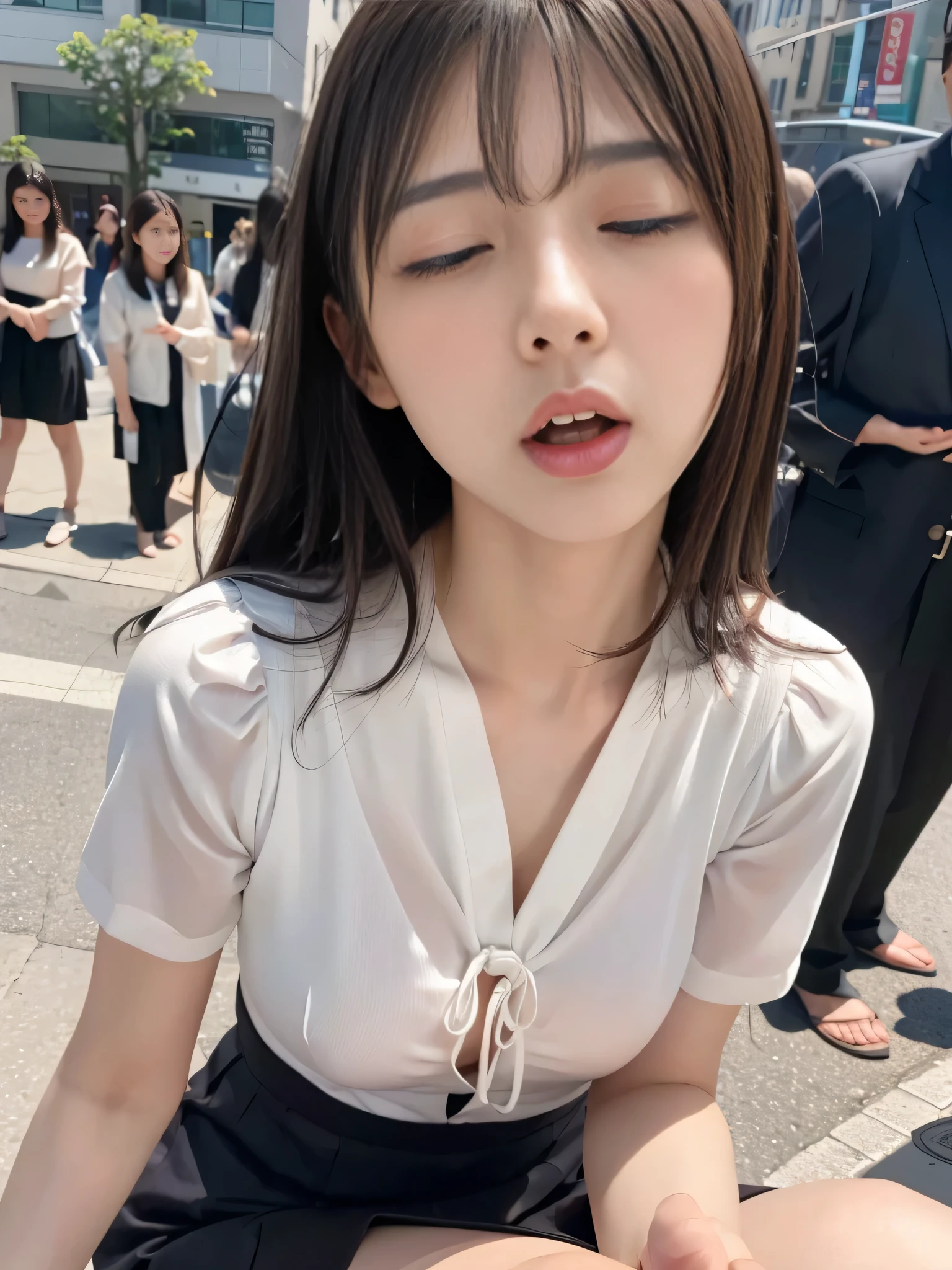 Viewer discretion advised,Vibrator prank on live TV,announcerの女性,Leaned forward.,(She closes her eyes),She yawns, Many people々 Around々、Hand holding a pink remote control outside the frame,She wants me to stop using my vibrator,Look here and plead、Embarrassed face、She puts her hand on her crotch,She is wearing a black suit with a tight skirt..、White blouse、She is being interviewed with a microphone、announcer、Interviewing Other People、News anchor、Long black hair、Pure erotic face、(Masseter muscle area:1.3)、(8k、Realistic、RAW Photos、Please redeem: 1.4)、(One Girl)、Very beautiful face、Very beautiful face、Very beautiful face、(Highly realistic face)、(Brown Hair、Fluffy medium length hair:1.3)、Very beautiful hairstyle、Very realistic eyes、Very beautiful details、(Extremely realistic skin)、Very beautiful skin、Absurd、Very attractive、Ultra-high resolution、Surreal、High image quality、Golden Ratio、Golden Ratio、Golden Ratio、Beauty、Beauty、Beauty。Gently flip up your skirt、She takes off her blouse to show her nipples,Acme、