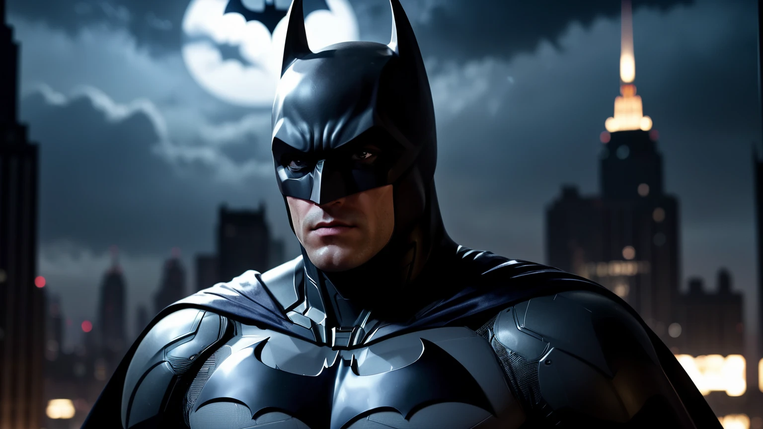 batman, detailed realistic portrait of batman, dark knight, serious expression, strong jawline, chiseled facial features, intense eyes, muscular body, heroic pose, standing tall, cape billowing, night city skyline background, dark moody lighting, cinematic, dramatic, epic, 4k, high resolution, photorealistic, unreal engine, extreme detail, hyper realistic, dark colors, brooding atmosphere