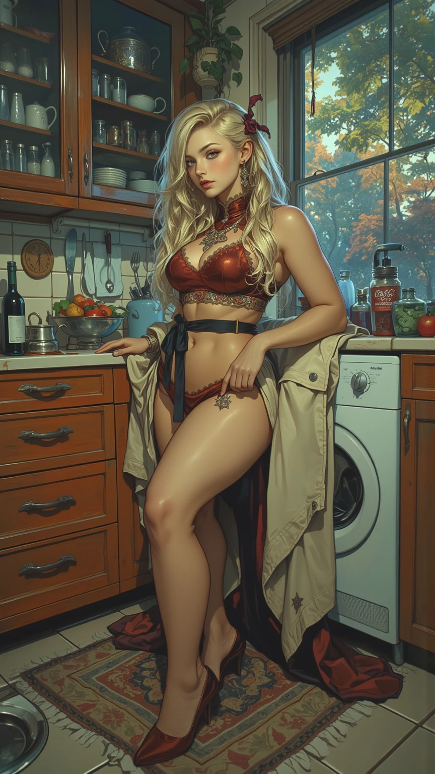 arafed woman in a black bikini and a necklace standing in a kitchen, black bikini, bikini model, tiny bikini, gorgeous bikini model, alexa grace, sling bikini, in a bikini, elegant bikini, cute bikini, swimsuit model, dressed in belts bikini, sydney sweeney, black swimsuit, in bikini, wearing a bikini, boutinela bikini