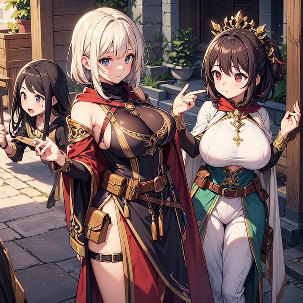 An elf woman, very dark tanned skin, beautiful silver hair, pointed ears, beautiful red eyes, pink lips, staring at the viewer, wizard's robes, beautiful necklace, wizard's hat, shy face, Cheerful smiles, masterpieces, medieval streets,