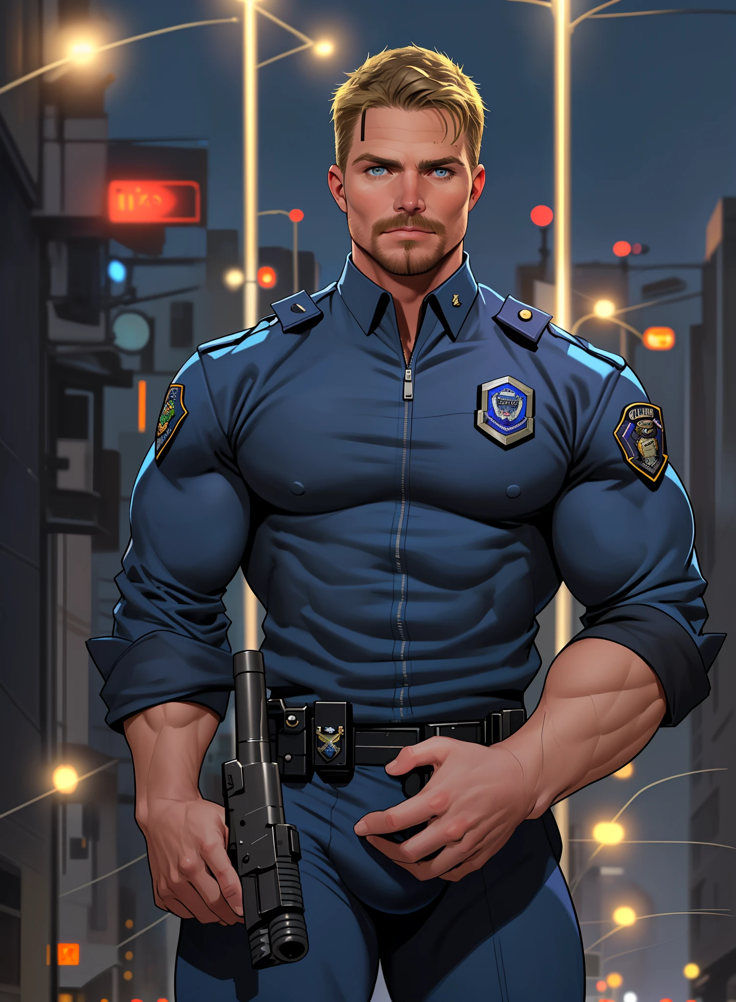1 man, male focus solo,45 yo man,Stephen AMELL as NYPD policeMAN , lean muscle, WEARING marine blue POLICEMAN SUIT with a kepi on his head ,( big bulge), full body shot, dark blond short hair, well groomed BLOND facial hair, holding a gun with one hand, , ultra high quality, masterpiece, ( background A CITY at night)