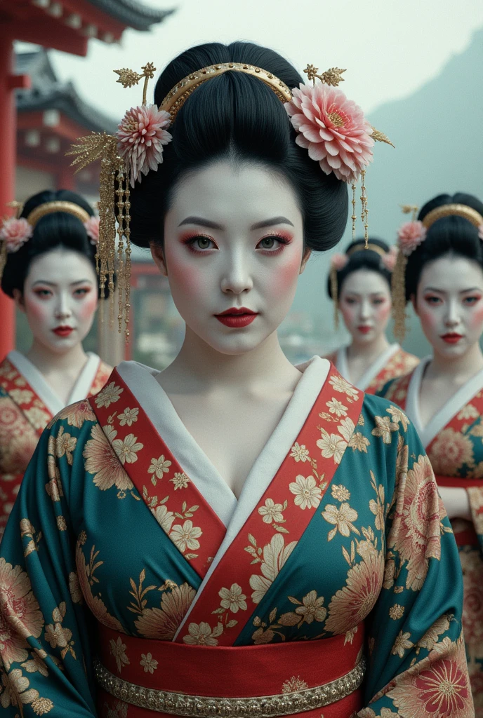 Angela White as a Geisha in Japan, Kimono dress, emotionless expression, stood amongst group of Angela White Geisha's