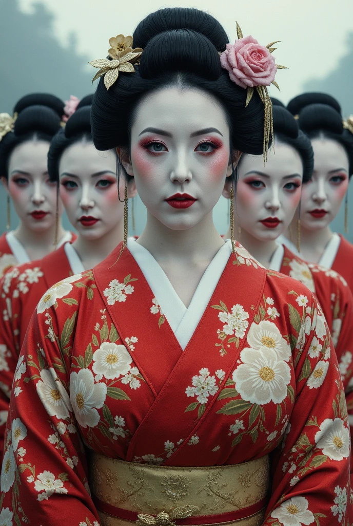 Angela White as a Geisha in Japan, Kimono dress, emotionless expression, stood amongst group of Angela White Geisha's