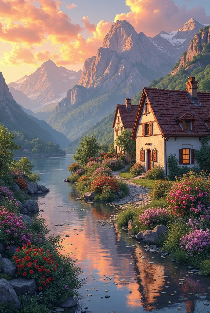 A small village by the river, mountains in the background, colorful flowers, detailed landscape style, beautiful natural scenery, atmospheric lighting, scorching sunset , warm colors, practical, photographic, detailed foliage, complex buildings , cobblestone street, charming country house, vibrant colors, lush vegetation, reflections in the water, pitoresco, idyllic, work of art, Best Quality, 8k, extremely detailed, anime style