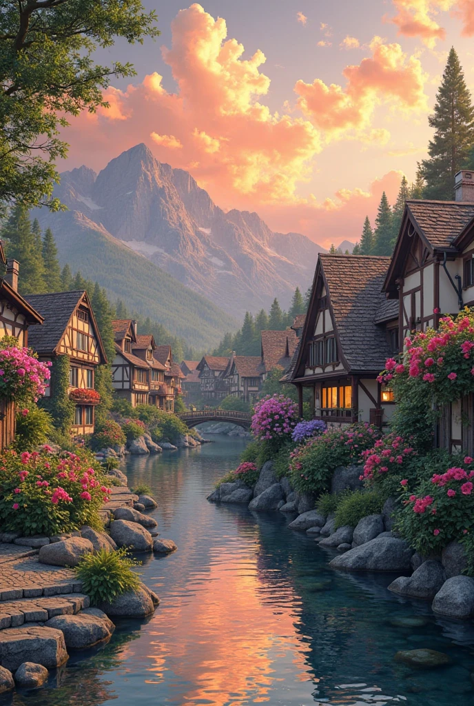 A small village by the river, mountains in the background, colorful flowers, detailed landscape style, beautiful natural scenery, atmospheric lighting,  scorching sunset ,  warm colors, practical, photographic, detailed foliage, complex buildings , cobblestone street, charming country house, vibrant colors, lush vegetation, reflections in the water, pitoresco, idyllic, work of art, Best Quality, 8k, extremely detailed, anime style