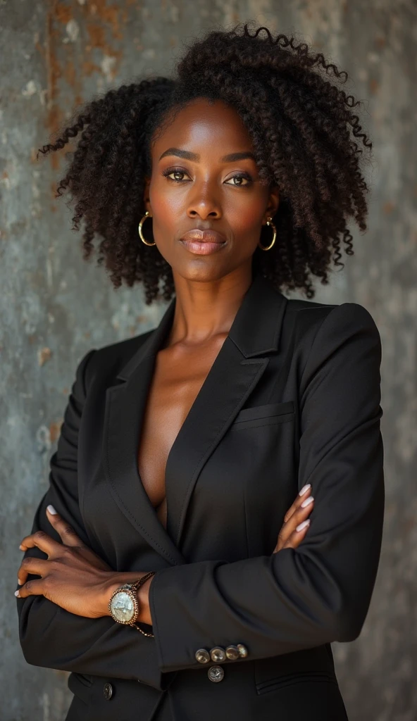 This young black woman presents a spellbinding charm on screen. She wears a very sexy jacket that combines elegance and seduction, dans une teinte de couleur distinctive qui attire l'attention. Her on-screen presence exudes a natural confidence and aura that sets her apart, which makes her a remarkable figure in the world of television. Avec des posture latterale