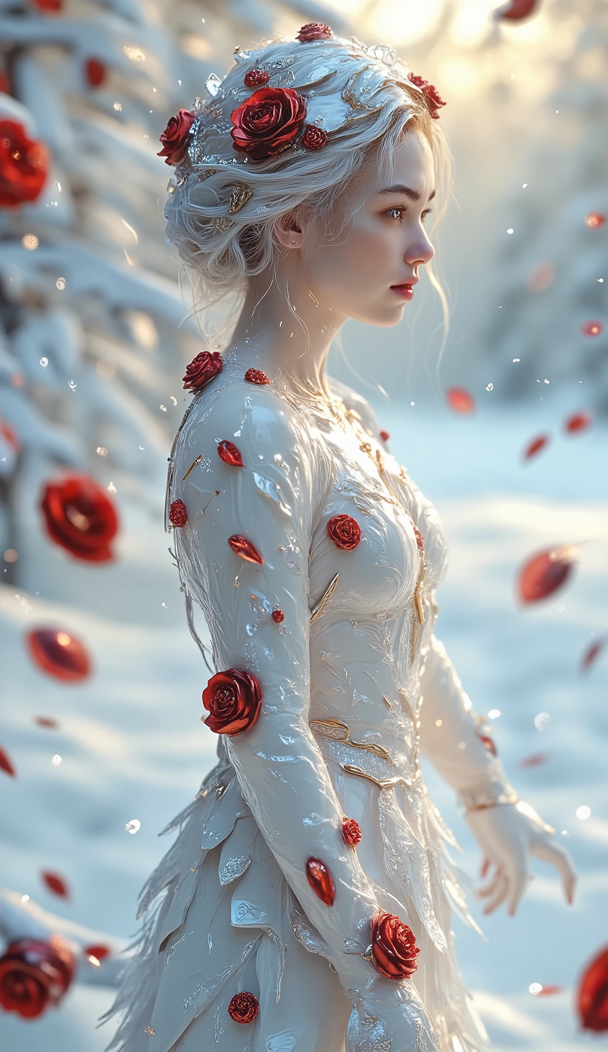 A serene winter landscape scene with a stunning tall bark blood red rose-adorned female figure standing amidst a blanket of pristine snow. Full body shot, from the top of her crown to the snow under the tips of her toes, The red-hued rose petals delicately adorn her hair, wrapping around her face like a crimson crown. Her porcelain skin glows softly under the gentle, diffused light of the snowy surroundings. She stands tall, her figure a striking contrast to the frosty environment, as if she has blossomed into existence right before our eyes.