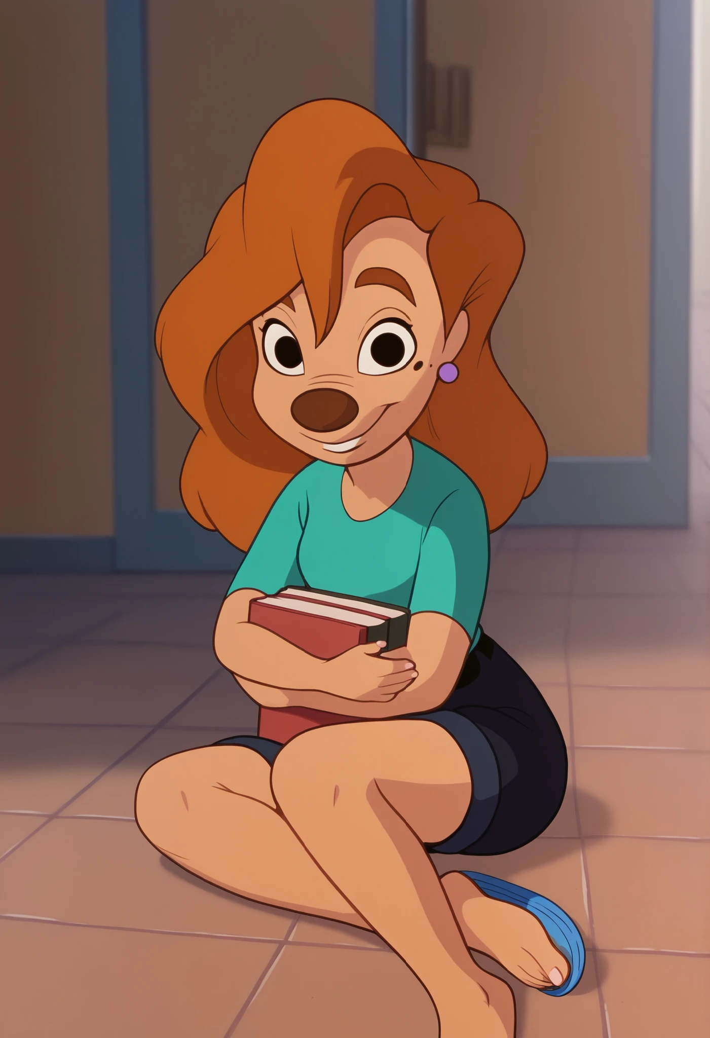 Roxanne, 1girl, solo, brown hair, holding, long hair, earrings, book, green shirt, black eyes, crossed arms, smile, indoors, sitting down, legs spread, short sleeves, tile floor, shorts, bare legs, front view of her soles and arches, furry, looking at viewer, smile, polished toe nails, heavily worn flip flops off to the side.