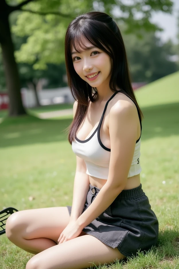 High resolution, Highest quality, super high quality, Ultra-detailed, Cinematic lighting、On the street、Sweaty、Sweat、Black-haired、Idol girl singing on the bandstand、Big smile、sunny day、Spread your legs、Spread your legs、sunny day、Full nudity、huge 、Nipples、Browsing Caution、punk