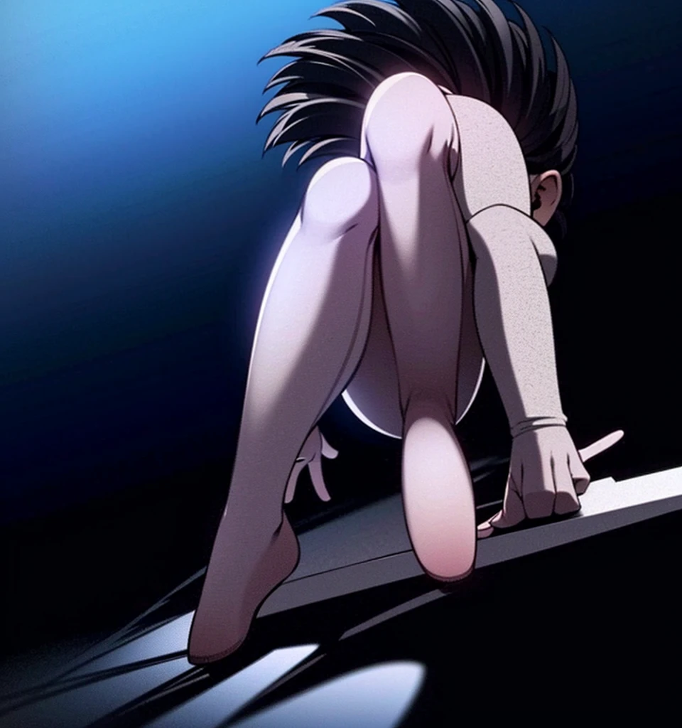 A naked girl on display in the city、Feeling embarrassed、Pale、Crouching with legs apart、Knees up and legs apart、I have a clit piercing、A thick chain is attached to the clit piercing、Hands tied behind back、Light blue hair
