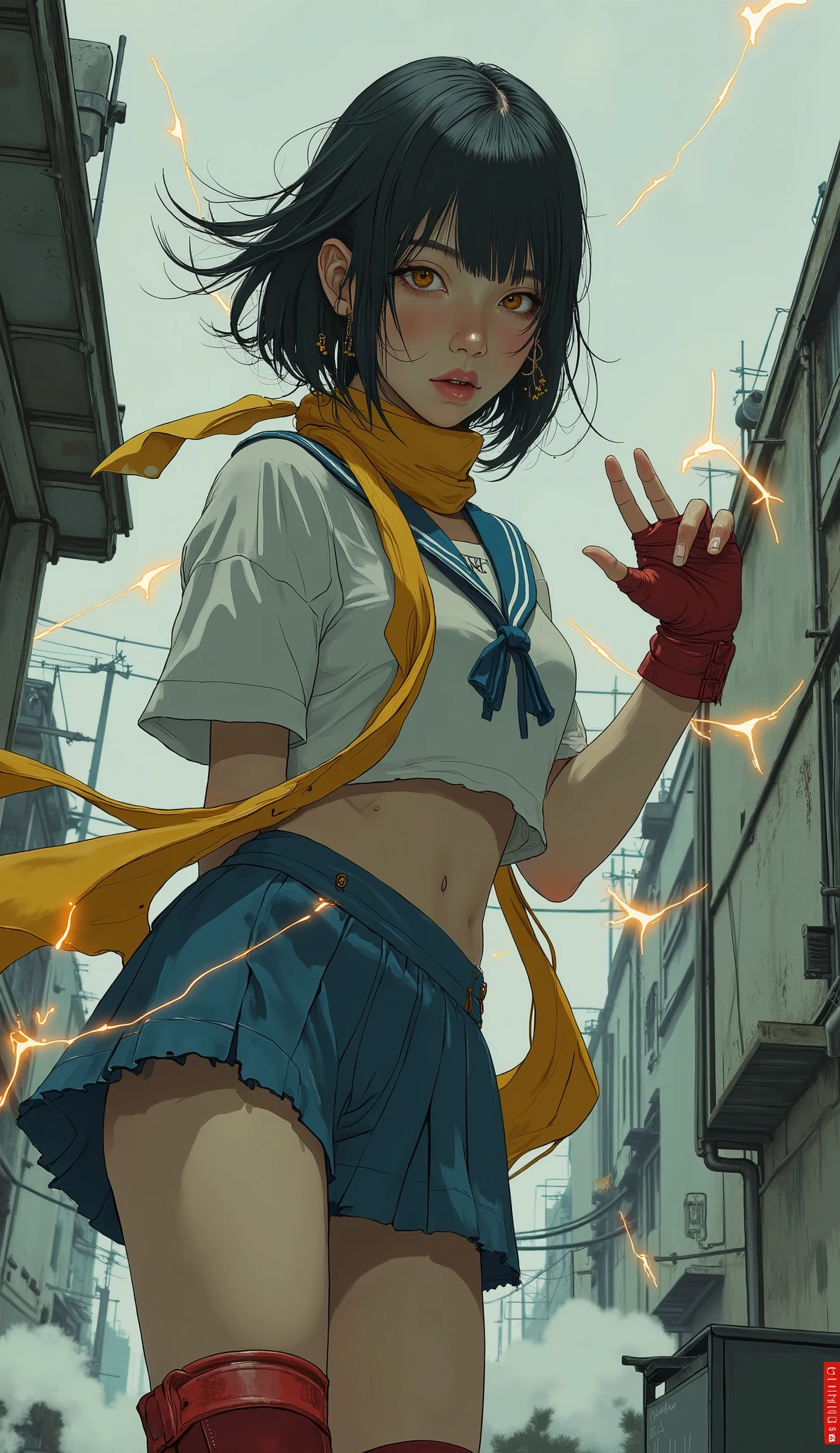  This illustration has 、It depicts a figure in a martial arts pose. short hair, Dynamic Battle Poses, Street Fighter Muscular Fit, anime style, white cropped sailor top with blue trim, yellow scarf, blue pleated miniskirt, red fingerless gloves, Red Converse High Top Sneakers with White Laces, Indoor Settings, studio lighting for women,、Plasma bursts all around、A confident and composed posture、showing readiness for action.  in this work 、High contrast and dynamic shading are used,

