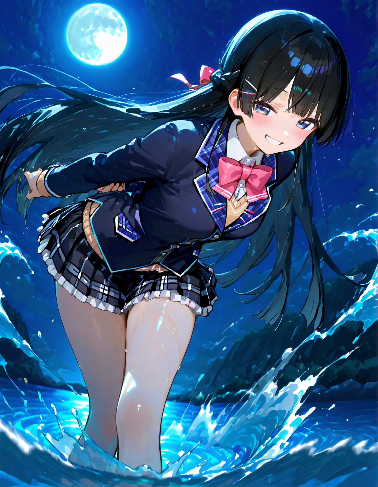 748cmstyle。Tsukino Mito(Nijisanji)、blazer uniform。black check skirt。action lines。motion blur effect。The Art of Manipulating Water。Hostile。action。water tornado。Eddy。combat motion。Water Energy。smiles。Wave。moon。