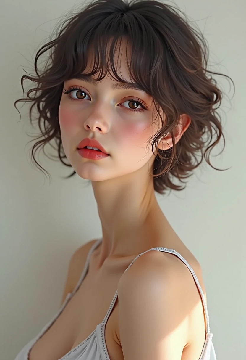 (photorealism:1.2), beautiful girl, . She has short, curly shoulder-length hair and a large bow in the back of her hair. Both cheeks are covered with hair. She has big breasts