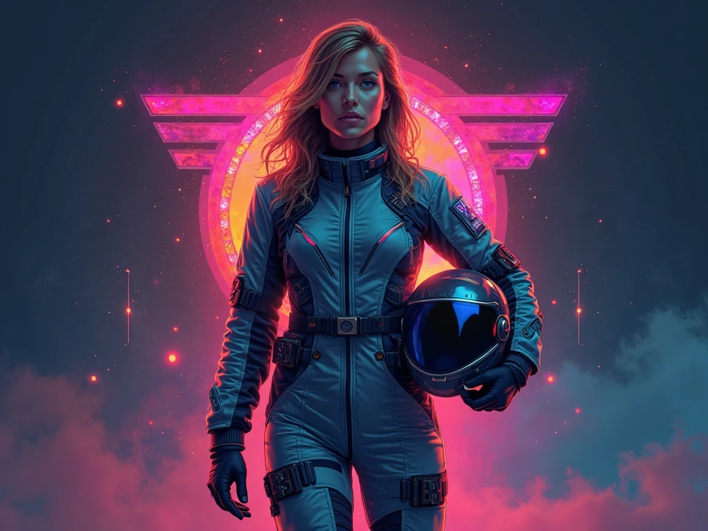 T-shirt art, vector, 2D illustration of a powerful female pilot standing front and center in a modern flight suit, holding a helmet under one arm. Her figure is illuminated by colorful gradient lighting, with neon reflections on her visor and jacket. The background is dark and moody, with abstract aviation symbols in soft glow. Hyperdetailed, centered, front view, modern colorful gradients