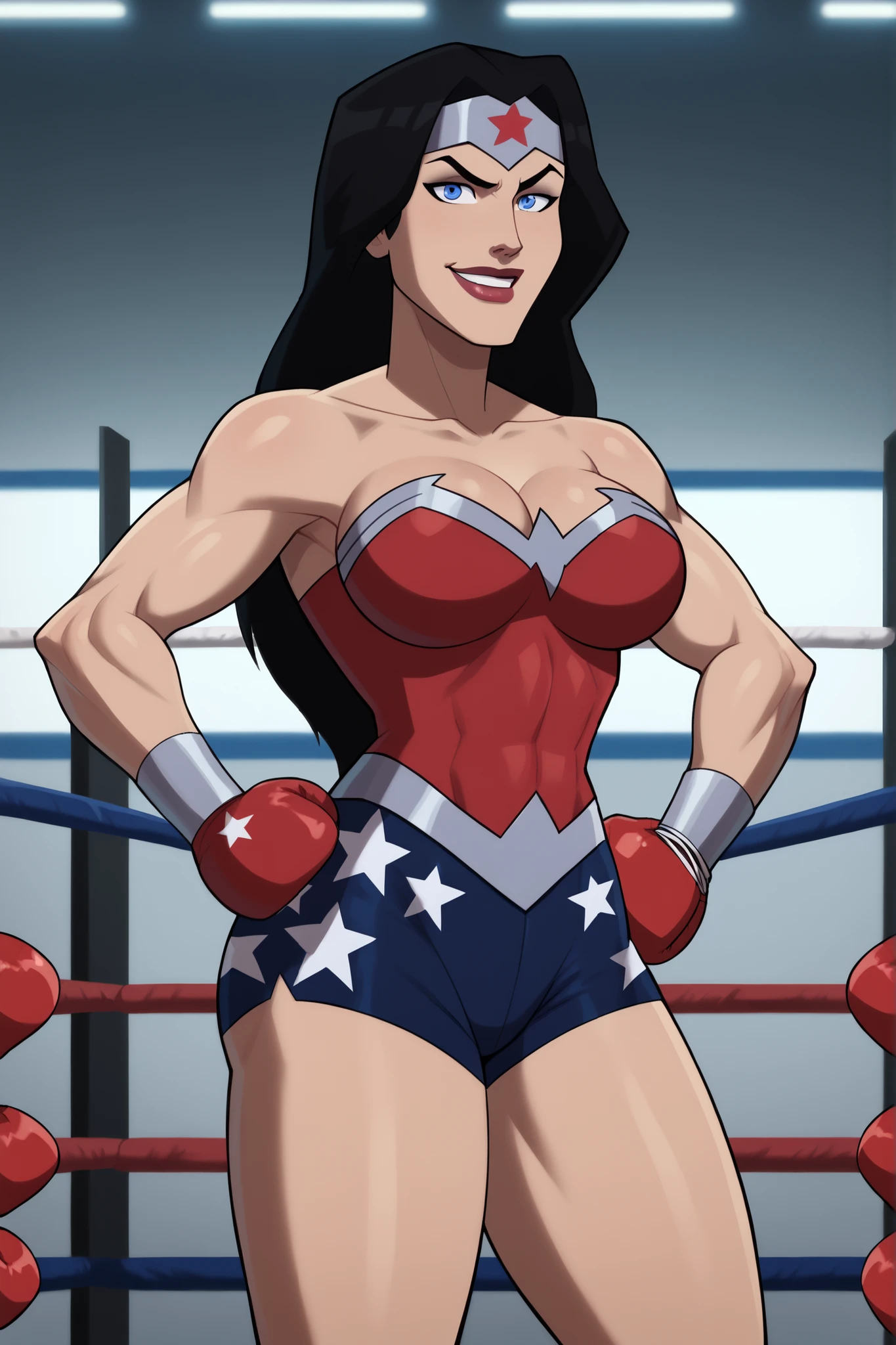 looking at viewer, smile, WWDiana, DianaHero, wonder woman, superhero, long hair, black hair, blue eyes, makeup, lipstick, bare shoulders, score_9, score_8_up, score_7_up, score_6_up, 1girl, solo, large breasts, cleavage, curvy athletic, standing, hands on waist, model pose, determined expression, bedroom eyes, dark red bikini top, dark blue workout shorts, dark red boxing gloves, boxing ring, gym, indoors, star print