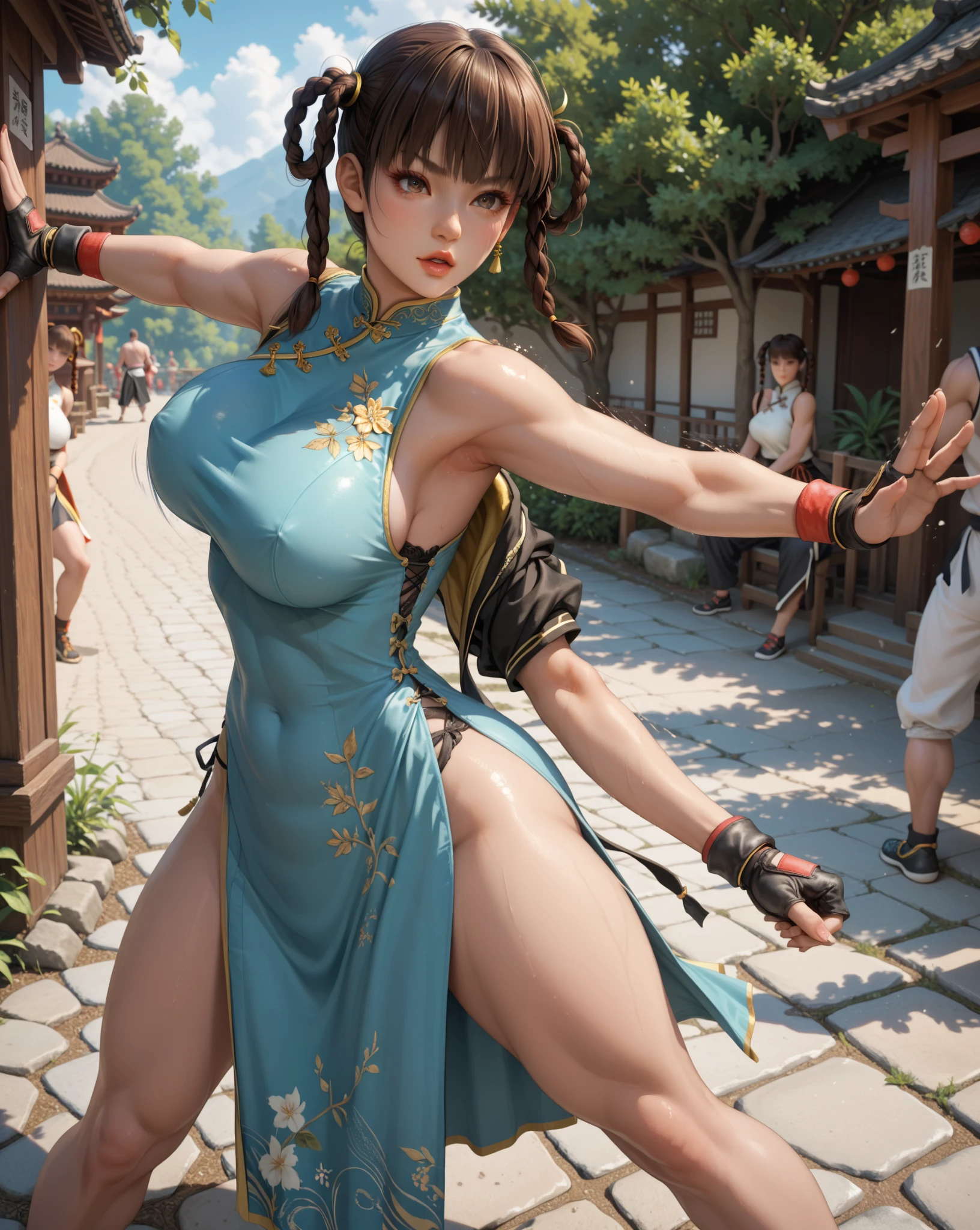 beautiful alluring brawler woman, sweaty skin, barely clotrhed, thick athletic body, blue revealing outfit with gold ornaments, outside a temple, fantasy Theme, Fiverr Dnd Character, Octane Render, Digital Art, Extreme Detail, 4k, Ultra Hd, Polished, Beautiful, Hyperdetailed, Intricate, Elaborate, Meticulous, Photorealistic, Sharp Focus, Wlop, Character Design, Unreal Engine, 3d Rendered, Volumetric Lighting, Reflections, Glossy, Digital Illustration, Sensual Pose, Suggestive Pose, Lewd, Full Body Shot, anatomically correct, 💖❤💕💋❣